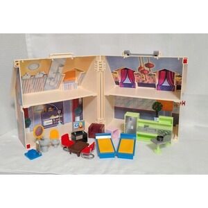 2005 Playmobil Geobra Take Along Doll House Folding With Handle & 13 Accessories